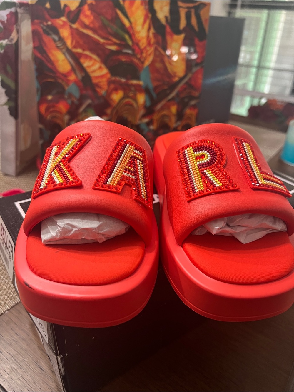 Karl Lagerfeld Red Beaded Logo Slide Sandals